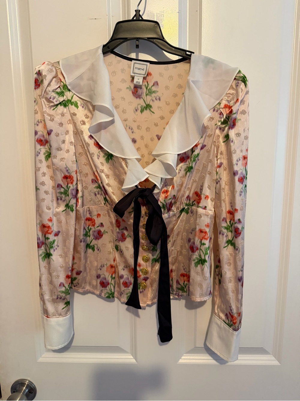 Maeve Anthropologie Cream Floral Satin Blouse with Black Tie
